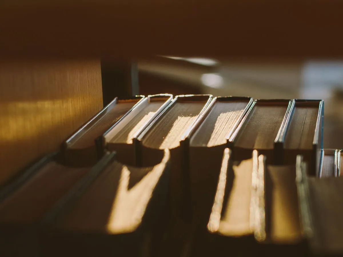 Books on a shelf lit by warm golden light