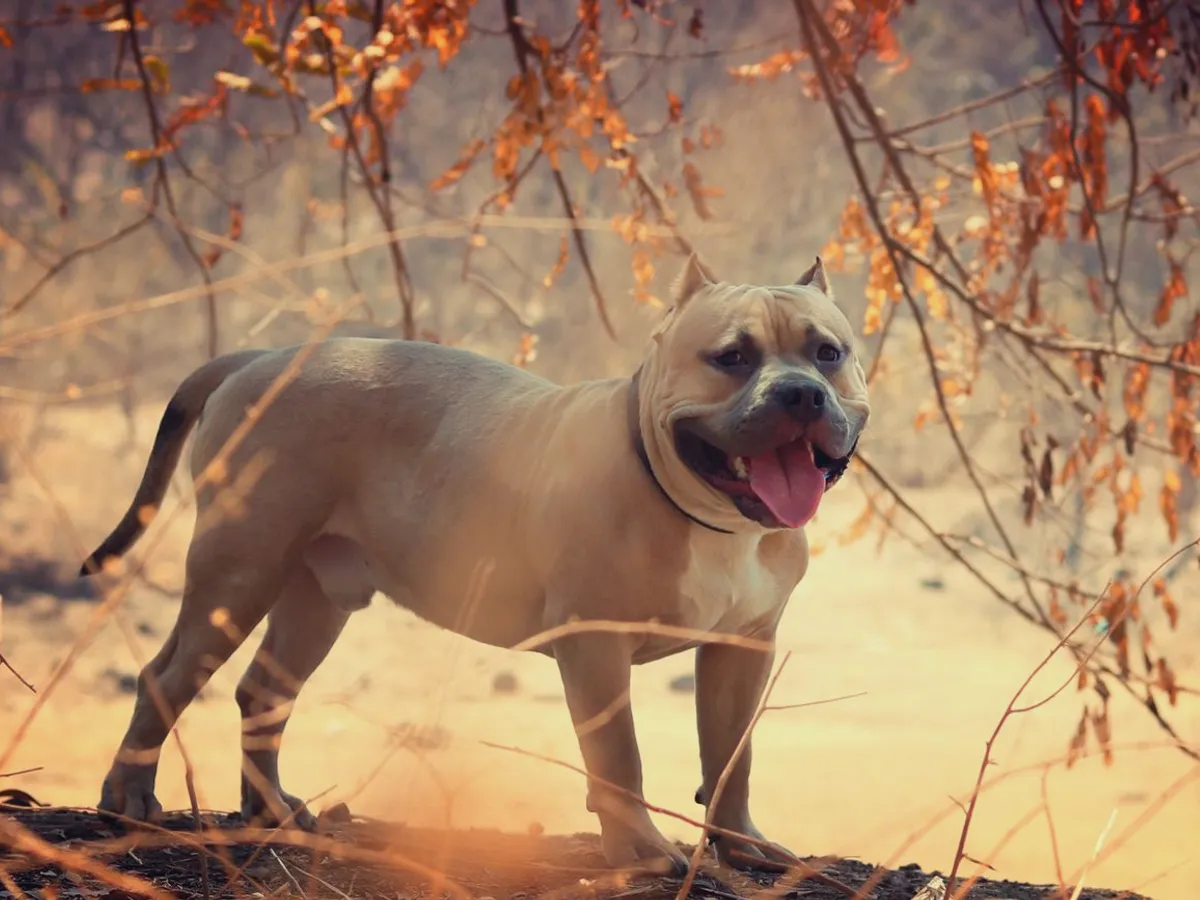 A powerfully built bull-breed dog standing among autumn branches